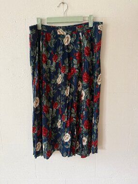 Vintage | 90s Navy Rayon Floral Midi Summer Skirt | Medium